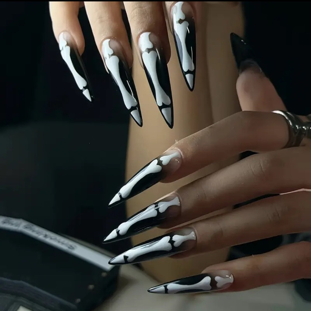 New Black & White Skeleton Long Stiletto Nails Reusable Handmade Medium - Picture 4 of 11